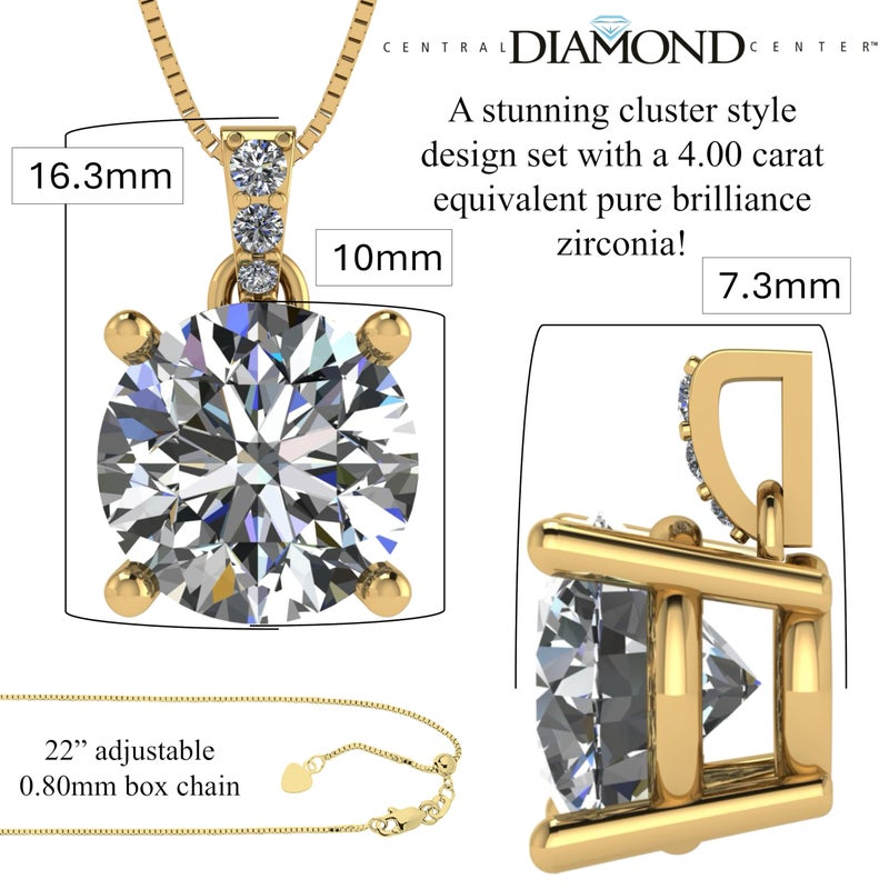Central Diamond Center 4 Prong Round Solitaire Simulated Diamond Necklace in Sterling Silver & Zirconia - 4.00ct Yellow - Image 2